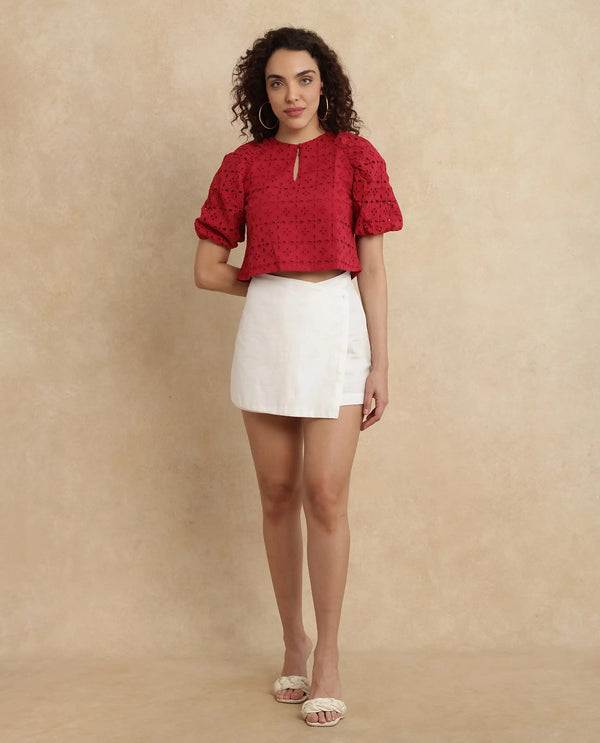 Rareism Women Somli Dark Red Cotton Fabric Balloon Sleeve Round Neck Button Closure Cropped Schiffli Top