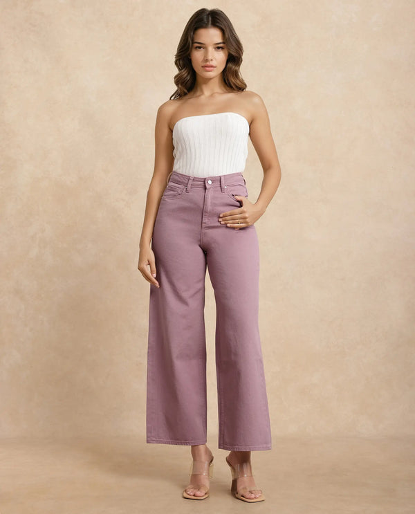 Rareism Women Somnim Dusky Pink Cotton Fabric Button Closure Wide Fit Ankle Length Plain Trouser