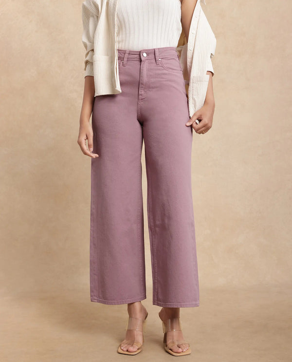 Rareism Women Somnim Dusky Pink Cotton Fabric Button Closure Wide Fit Ankle Length Plain Trouser
