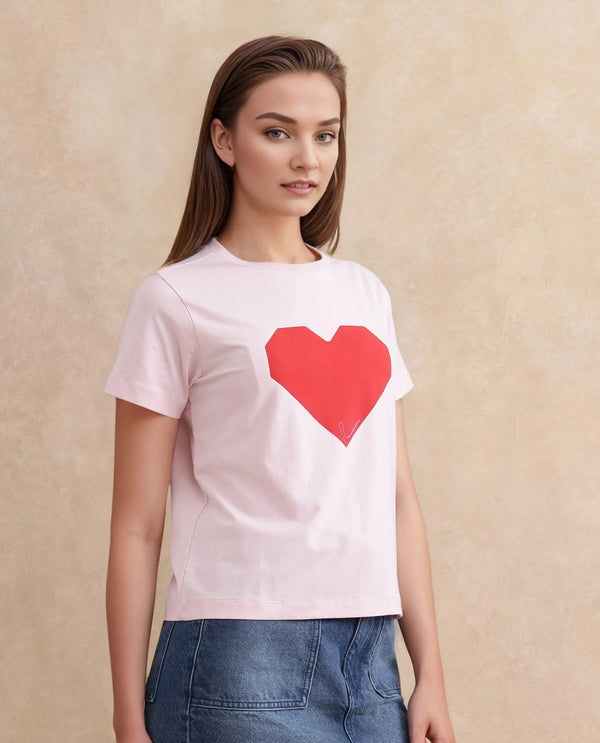 Rareism Women Somrac Light Pink Crew Neck Graphic Print T-Shirt