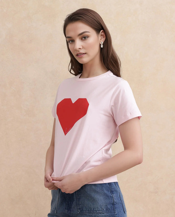 Rareism Women Somrac Light Pink Crew Neck Graphic Print T-Shirt