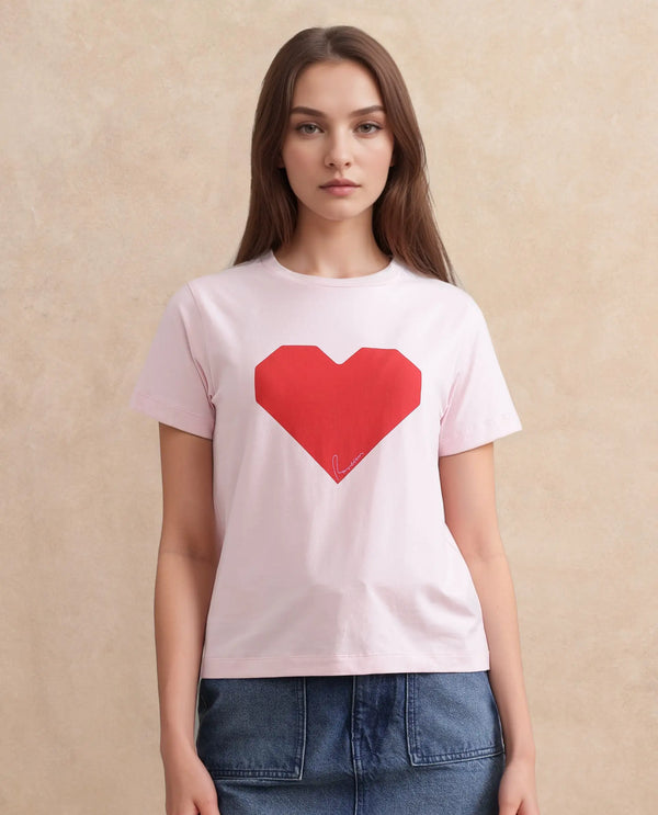 Rareism Women Somrac Light Pink Crew Neck Graphic Print T-Shirt