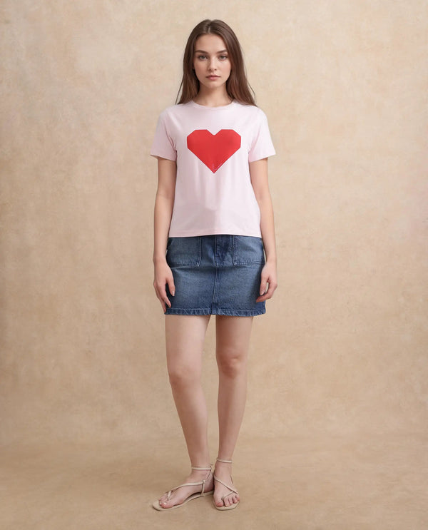 Rareism Women Somrac Light Pink Crew Neck Graphic Print T-Shirt