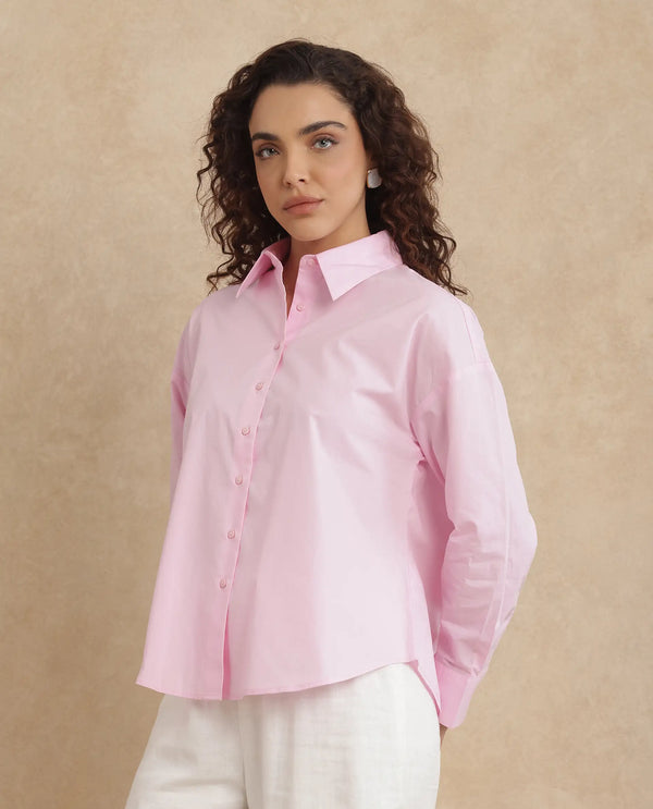 Rareism Women Somrang Pink Cotton Fabric Cuffed Sleeve Collared Neck Button Closure Plain Shirt