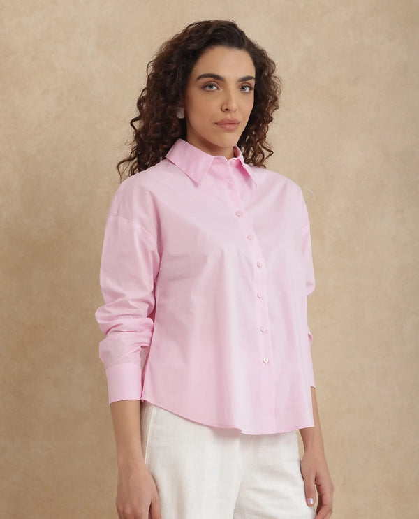 Rareism Women Somrang Pink Cotton Fabric Cuffed Sleeve Collared Neck Button Closure Plain Shirt