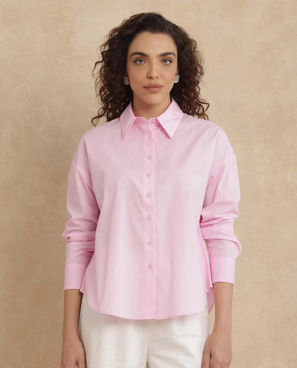Rareism Women Somrang Pink Cotton Fabric Cuffed Sleeve Collared Neck Button Closure Plain Shirt