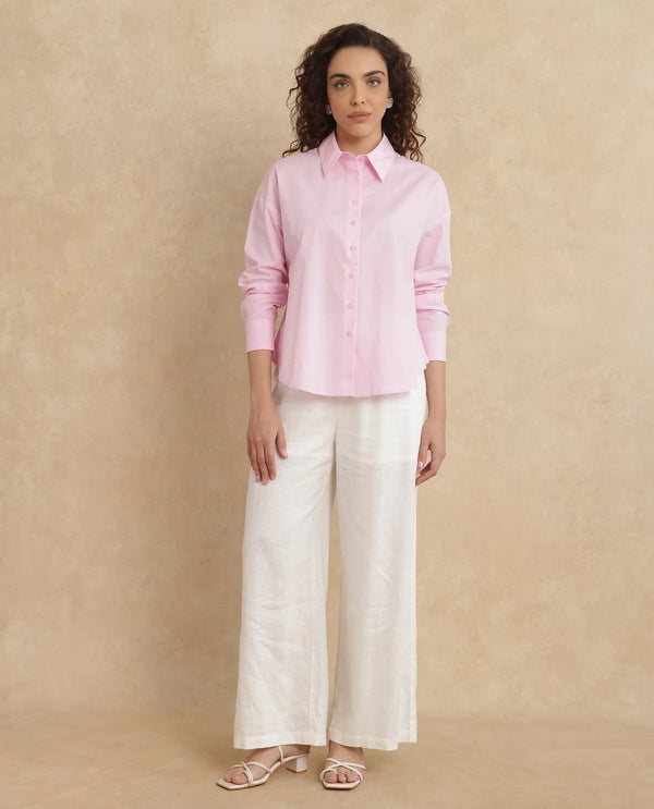 Rareism Women Somrang Pink Cotton Fabric Cuffed Sleeve Collared Neck Button Closure Plain Shirt