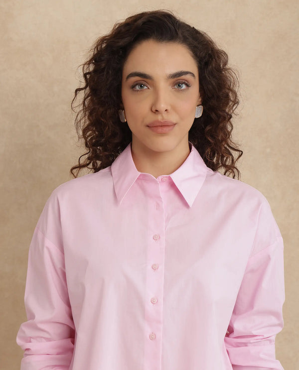 Rareism Women Somrang Pink Cotton Fabric Cuffed Sleeve Collared Neck Button Closure Plain Shirt