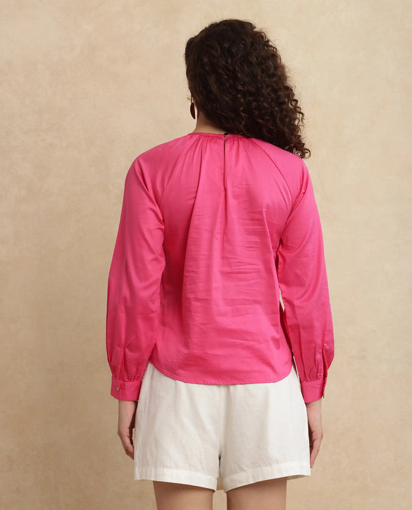 Rareism Women Somree Pink Cotton Satin Fabric Cuffed Sleeve Round Neck Button Closure Relaxed Fit Plain Top