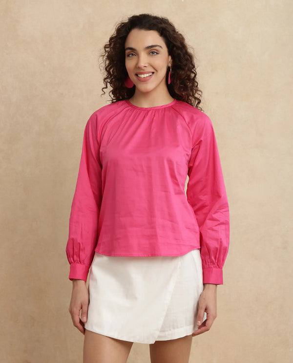 Rareism Women Somree Pink Cotton Satin Fabric Cuffed Sleeve Round Neck Button Closure Relaxed Fit Plain Top