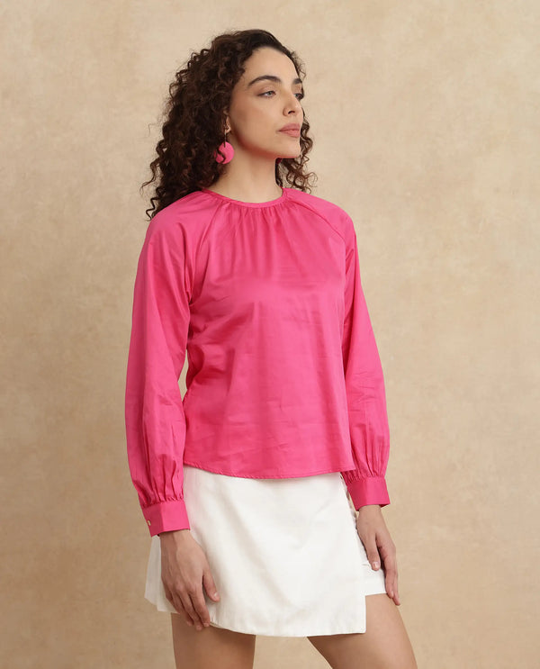 Rareism Women Somree Pink Cotton Satin Fabric Cuffed Sleeve Round Neck Button Closure Relaxed Fit Plain Top