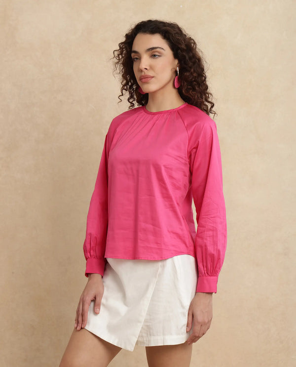 Rareism Women Somree Pink Cotton Satin Fabric Cuffed Sleeve Round Neck Button Closure Relaxed Fit Plain Top