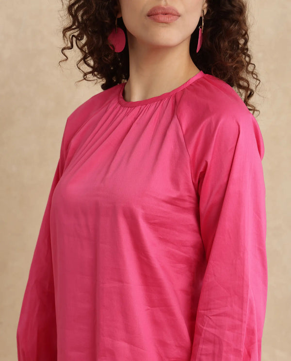 Rareism Women Somree Pink Cotton Satin Fabric Cuffed Sleeve Round Neck Button Closure Relaxed Fit Plain Top
