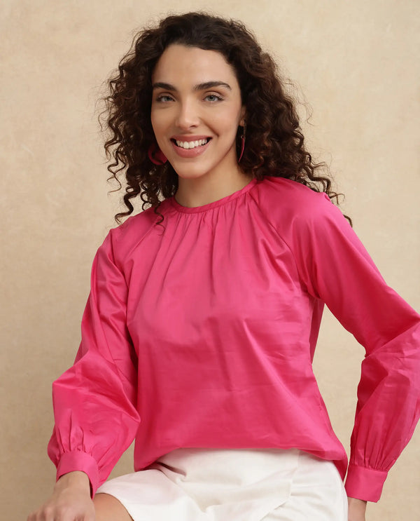Rareism Women Somree Pink Cotton Satin Fabric Cuffed Sleeve Round Neck Button Closure Relaxed Fit Plain Top