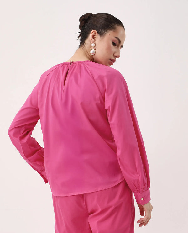 Rareism Women Somree Pink Cotton Satin Fabric Cuffed Sleeve Round Neck Button Closure Relaxed Fit Plain Top