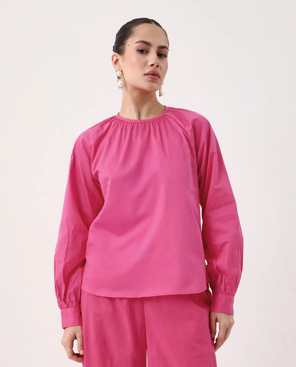 Rareism Women Somree Pink Cotton Satin Fabric Cuffed Sleeve Round Neck Button Closure Relaxed Fit Plain Top