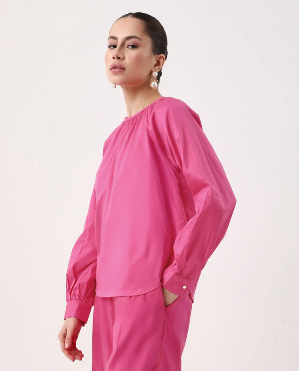Rareism Women Somree Pink Cotton Satin Fabric Cuffed Sleeve Round Neck Button Closure Relaxed Fit Plain Top