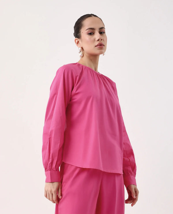 Rareism Women Somree Pink Cotton Satin Fabric Cuffed Sleeve Round Neck Button Closure Relaxed Fit Plain Top