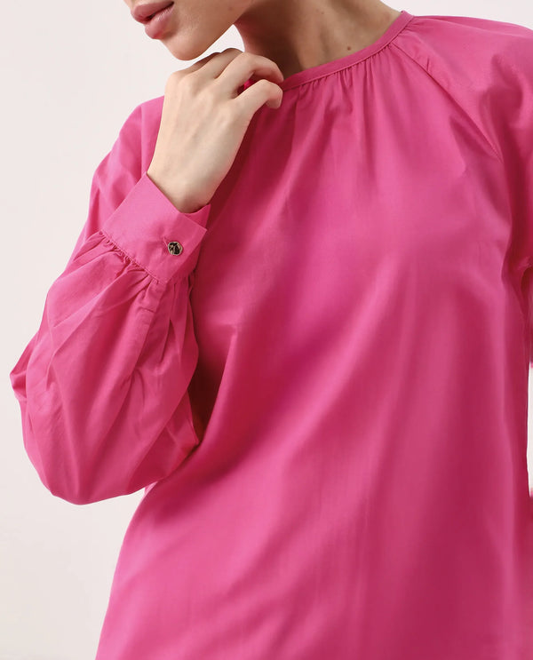 Rareism Women Somree Pink Cotton Satin Fabric Cuffed Sleeve Round Neck Button Closure Relaxed Fit Plain Top