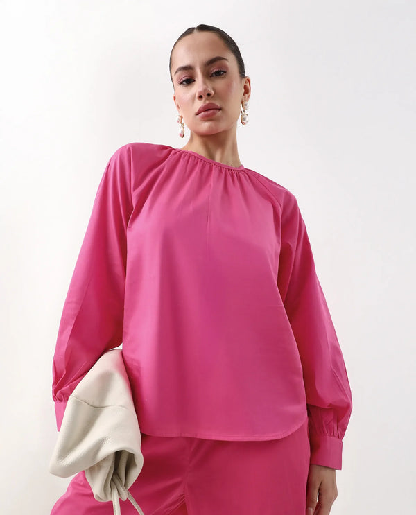 Rareism Women Somree Pink Cotton Satin Fabric Cuffed Sleeve Round Neck Button Closure Relaxed Fit Plain Top