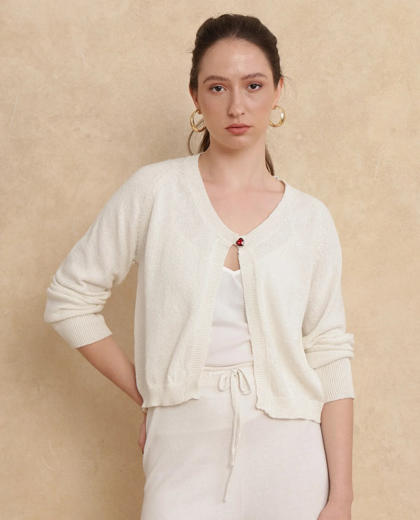 Rareism Women Somres Beige Polyester Cotton Fabric Full Sleeve Relaxed Fit Shrug