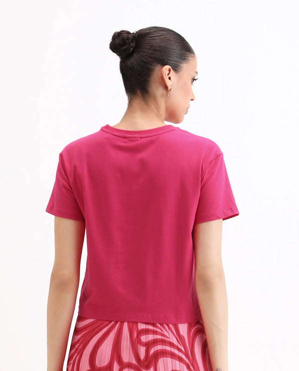 Rareism Women Somrey Pink Cropped Crew Neck Cropped Graphic Print T-Shirt
