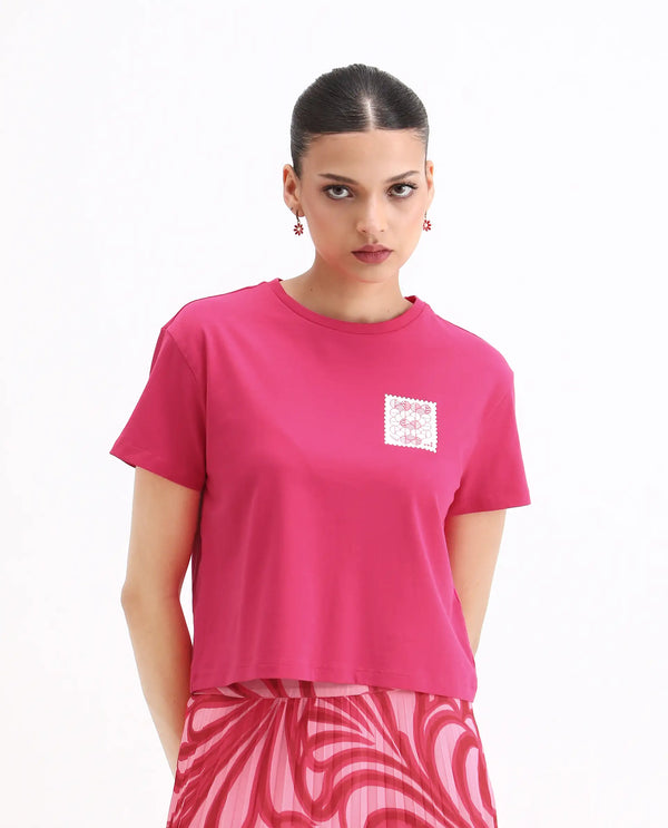 Rareism Women Somrey Pink Cropped Crew Neck Cropped Graphic Print T-Shirt