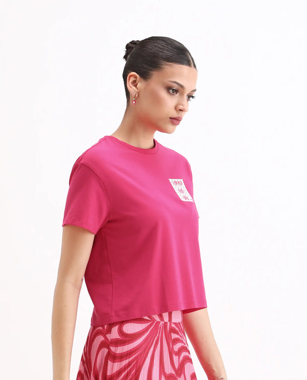 Rareism Women Somrey Pink Cropped Crew Neck Cropped Graphic Print T-Shirt