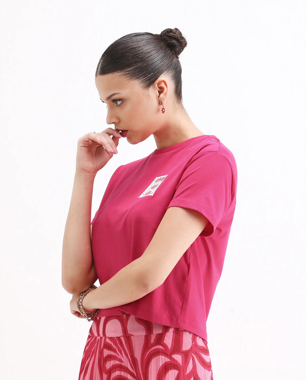 Rareism Women Somrey Pink Cropped Crew Neck Cropped Graphic Print T-Shirt