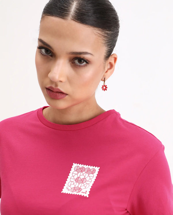 Rareism Women Somrey Pink Cropped Crew Neck Cropped Graphic Print T-Shirt