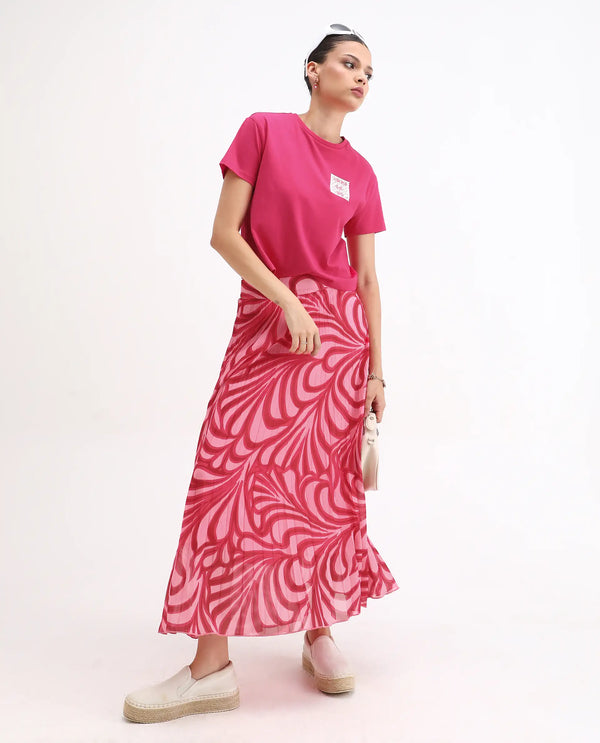 Rareism Women Somrey Pink Cropped Crew Neck Cropped Graphic Print T-Shirt