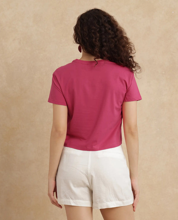 Rareism Women Somrey Pink Cropped Crew Neck Cropped Graphic Print T-Shirt