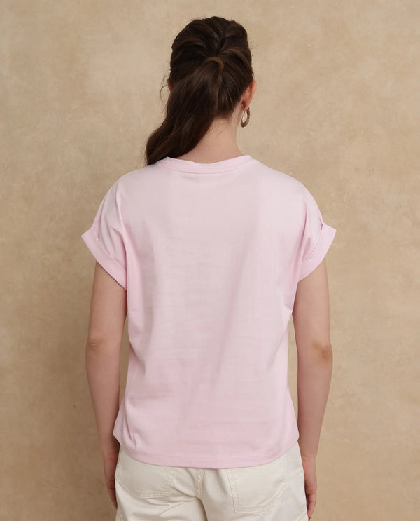 Rareism Women Somrit Light Pink Crew Neck Graphic Print T-Shirt