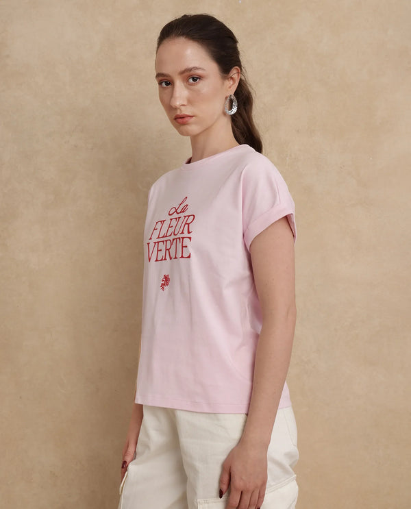 Rareism Women Somrit Light Pink Crew Neck Graphic Print T-Shirt