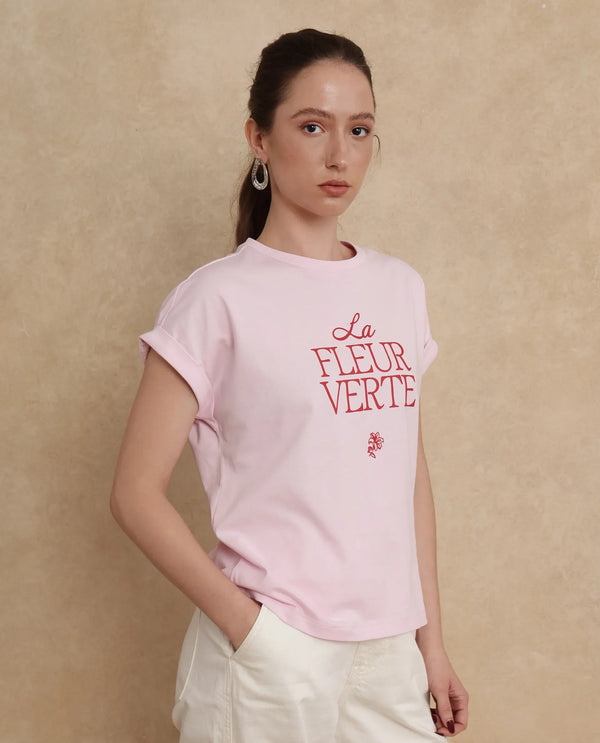 Rareism Women Somrit Light Pink Crew Neck Graphic Print T-Shirt