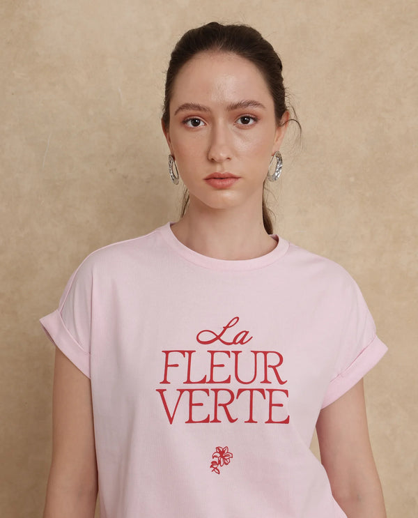 Rareism Women Somrit Light Pink Crew Neck Graphic Print T-Shirt