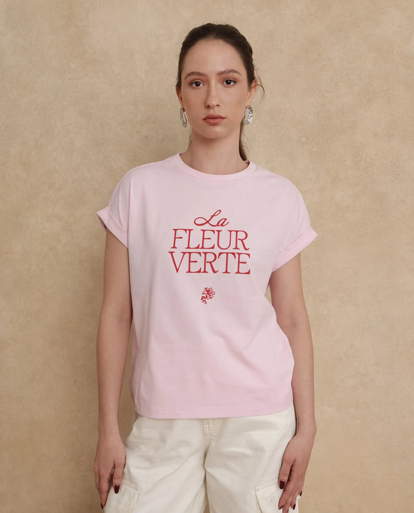 Rareism Women Somrit Light Pink Crew Neck Graphic Print T-Shirt