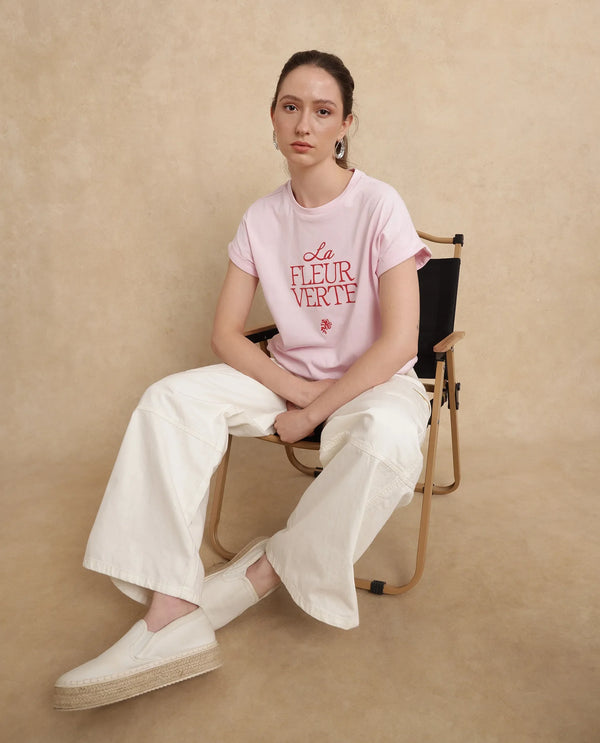 Rareism Women Somrit Light Pink Crew Neck Graphic Print T-Shirt