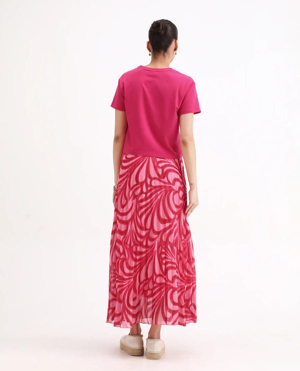 Rareism Women Somsiri Pink Polyester Fabric Zipper Closure Flared Midi Abstract Print Skirt
