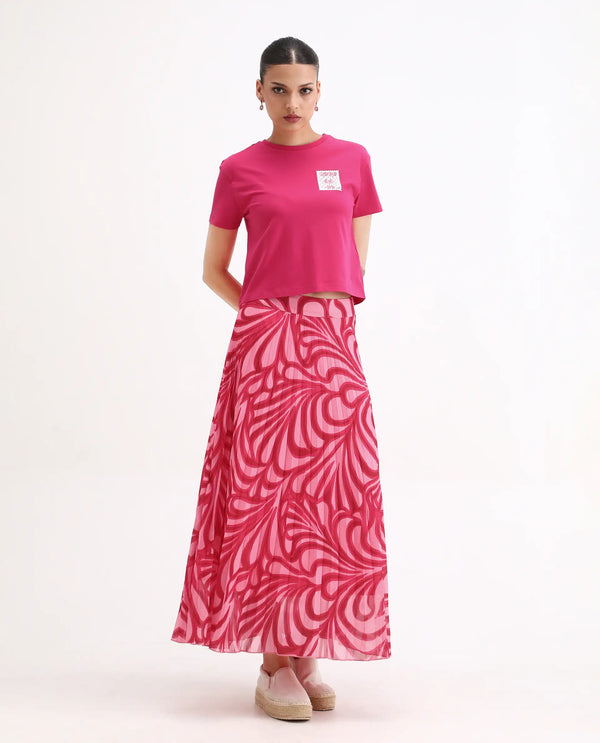 Rareism Women Somsiri Pink Polyester Fabric Zipper Closure Flared Midi Abstract Print Skirt