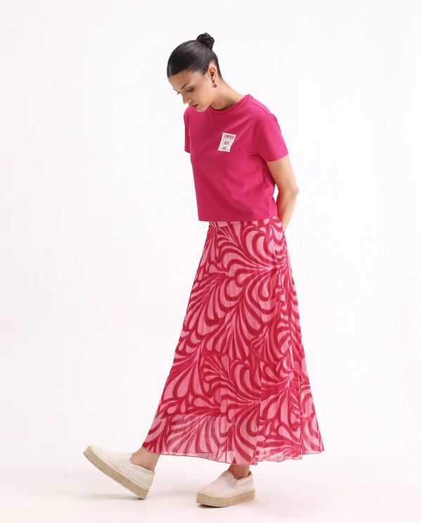 Rareism Women Somsiri Pink Polyester Fabric Zipper Closure Flared Midi Abstract Print Skirt