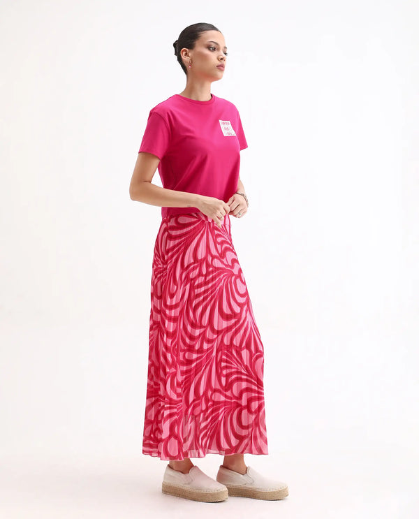 Rareism Women Somsiri Pink Polyester Fabric Zipper Closure Flared Midi Abstract Print Skirt