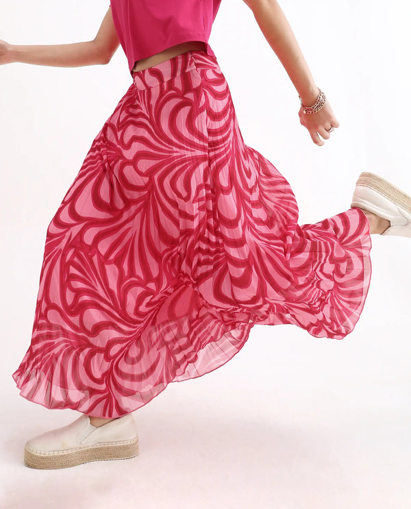 Rareism Women Somsiri Pink Polyester Fabric Zipper Closure Flared Midi Abstract Print Skirt