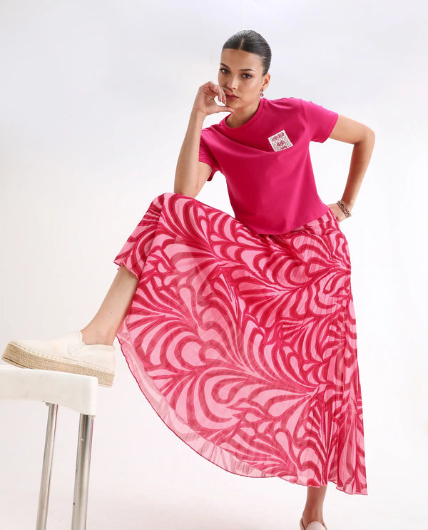 Rareism Women Somsiri Pink Polyester Fabric Zipper Closure Flared Midi Abstract Print Skirt