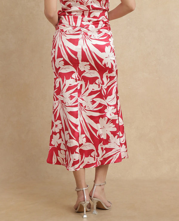 Rareism Women Somtar-B Pink Polyester Fabric Zipper Closure Straight Fit Midi Floral Print Skirt