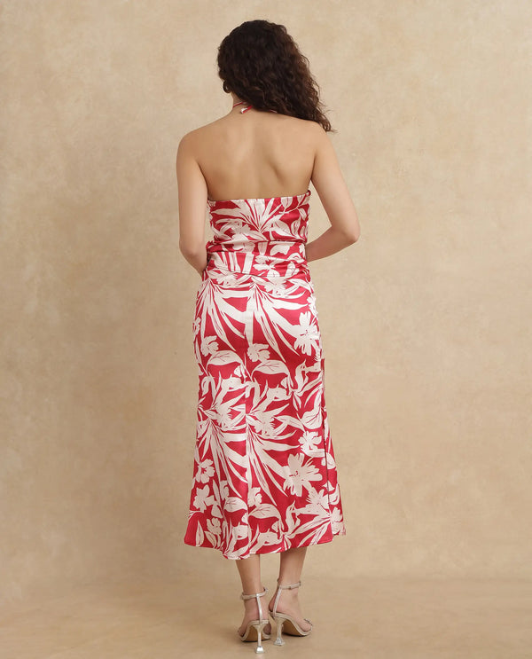 Rareism Women Somtar-B Pink Polyester Fabric Zipper Closure Straight Fit Midi Floral Print Skirt