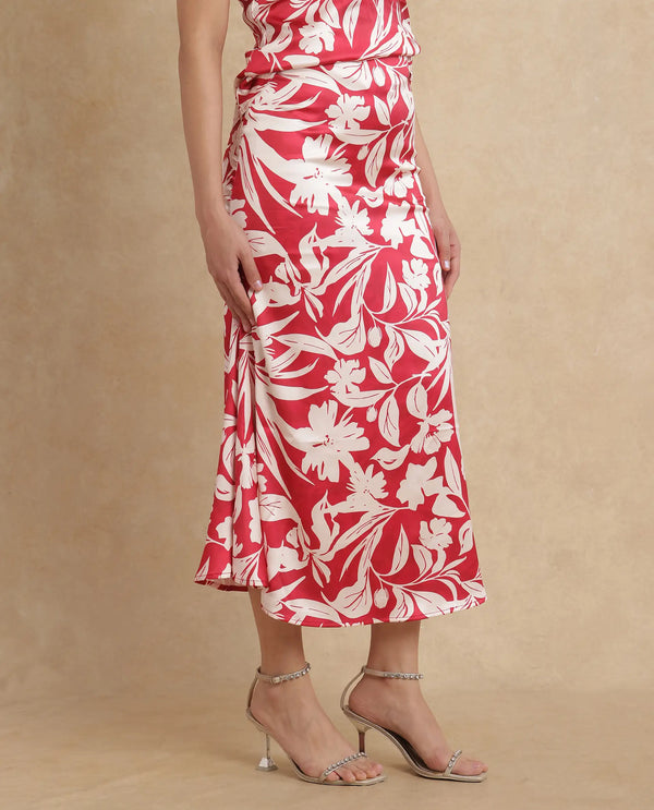 Rareism Women Somtar-B Pink Polyester Fabric Zipper Closure Straight Fit Midi Floral Print Skirt