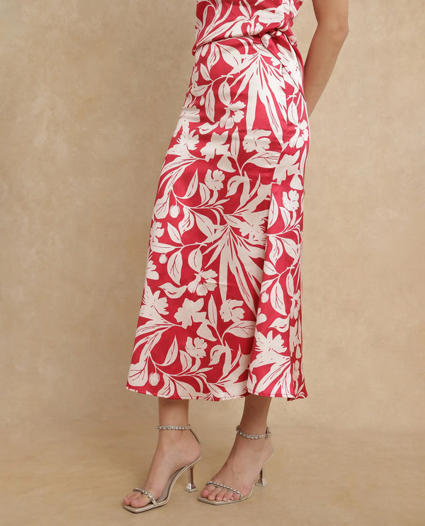 Rareism Women Somtar-B Pink Polyester Fabric Zipper Closure Straight Fit Midi Floral Print Skirt
