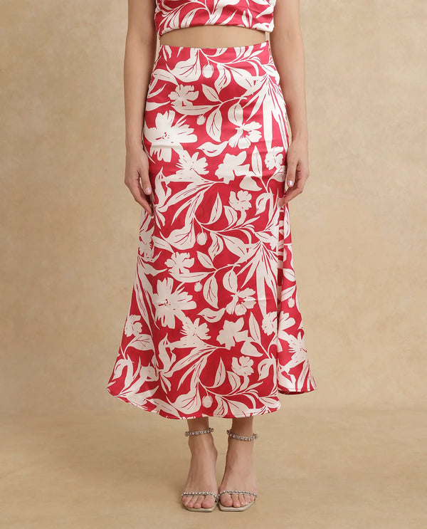 Rareism Women Somtar-B Pink Polyester Fabric Zipper Closure Straight Fit Midi Floral Print Skirt