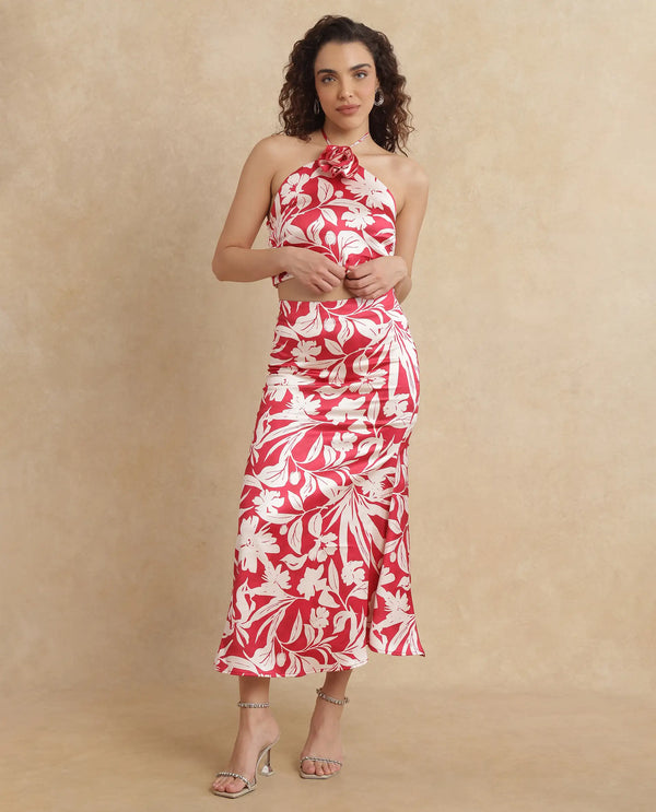 Rareism Women Somtar-B Pink Polyester Fabric Zipper Closure Straight Fit Midi Floral Print Skirt